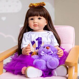 22  Inches Cute Alive Long Brown Hair Reborn Silicone Vinyl Full Body Baby Doll
